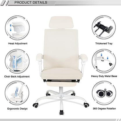 Qulomvs Mesh Ergonomic Office Chair with Footrest Home Office Desk Chair with Headrest and Backrest 90-135 Adjustable Computer Executive Desk Chair with Wheels 360 Swivel Task Chair - color: Cream White With Footrest