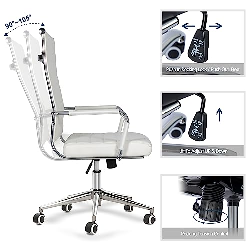 Home Office Chair Ribbed, Modern Leather Conference Room Chairs, Ergonomic Office Desk Chair, High Back Executive Computer Chair, Adjustable Swivel Chair with Arms (White) - color: Pure White