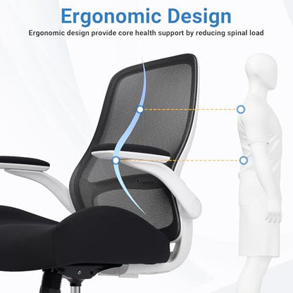 Office Chair Ergonomic Chair with Flip up Armrests, 5" Thickened Seat Computer Chair with Breathable Mesh Back Home Office Computer Chairs for Long Hours Mesh Office Chair(White Base&Black) - color: White&black