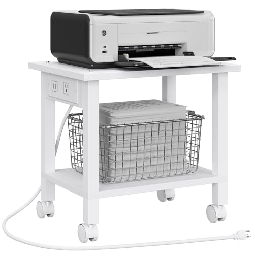 TUTOTAK Printer Stand, 2 Tier Rolling Printer Cart with Charging Station | Small Under Desk Printer Table with Wheels for Small Space, Office, Home, White PS01BW001 - color: White, size: 2 tier(15.7 x 11.8 x 15.4inchs)