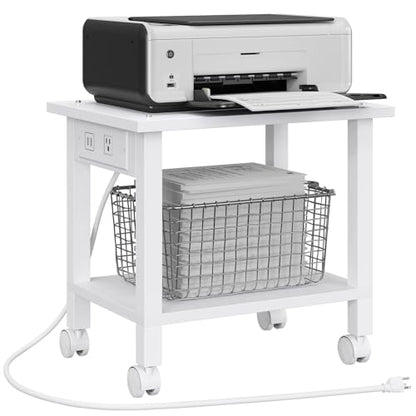 TUTOTAK Printer Stand, 2 Tier Rolling Printer Cart with Charging Station | Small Under Desk Printer Table with Wheels for Small Space, Office, Home, White PS01BW001 - color: White, size: 2 tier(15.7 x 11.8 x 15.4inchs)