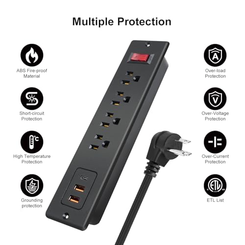 4 Outlets Recessed Power Strip with USB C 20W, Fast Charge Desktop Power Outlet Flush Mount Desk Extender 6.56 ft Extension Cord Plug in Furniture Conference Hotel - color: Black