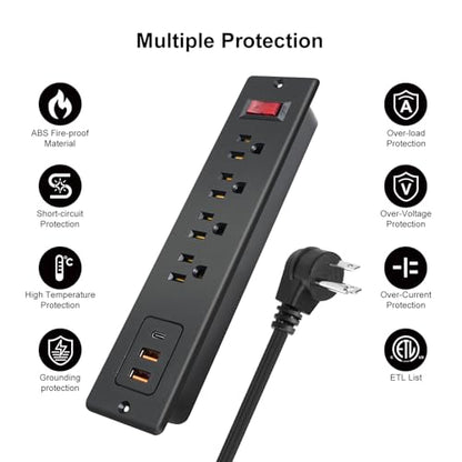 4 Outlets Recessed Power Strip with USB C 20W, Fast Charge Desktop Power Outlet Flush Mount Desk Extender 6.56 ft Extension Cord Plug in Furniture Conference Hotel - color: Black