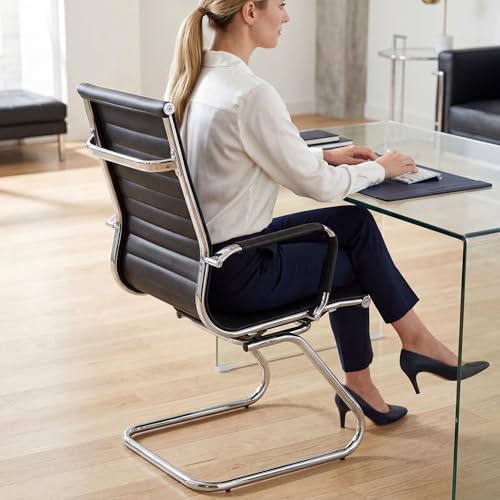 Conference Room Chairs Set of 2, Waiting Room Chairs with Arms, Faux Leather Reception Chairs No Wheels, Office Guest Chairs with Mid Back Support and Chrome Sled Base, Black - color: Black, size: 2PCS