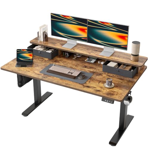 TIQLAB 55 * 28 inch Standing Desk with Two Drawers&Top Shelf, Rustic Brown - color: Rustic Brown, size: 55*28 inch without keyboard tray