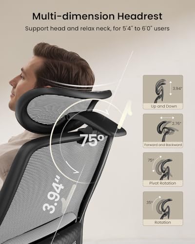 ProtoArc EC200 Ergonomic Office Chair with Adjustable Seat Depth, Grey | Lumbar Support, High-Back, Mesh Desk Chair, Home Office 8+ Long Hours Sitting, For Remote Workers & Programmers - color: Grey