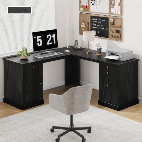 Garvee 60" Fluted L Shaped Desk with File Drawer, Corner Desk with Storage - color: Black, size: 60"D x 60"W x 30"H