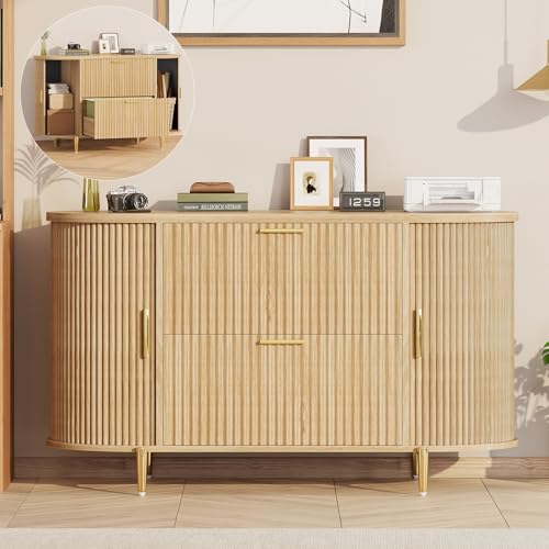 SEDETA 2 Drawer File Cabinet, 39.4" Filing Cabinet for Home Office, fit Legal/Letter/A4 Size, Modern Fluted Filing Cabinets with 2 Sliding Door Storage, Printer Stand, Natural - color: Natural