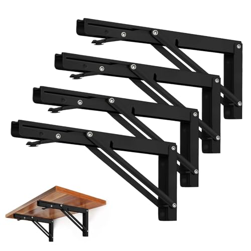 Storystore Folding Shelf Brackets - 10 Inch Heavy Duty Metal Collapsible Shelf Bracket for Bench Table, Shelf Hinge Wall Mounted Space Saving DIY Bracket, Max Load: 150 lb (4 PCS, Black) - size: 10 Inch 4 PCS