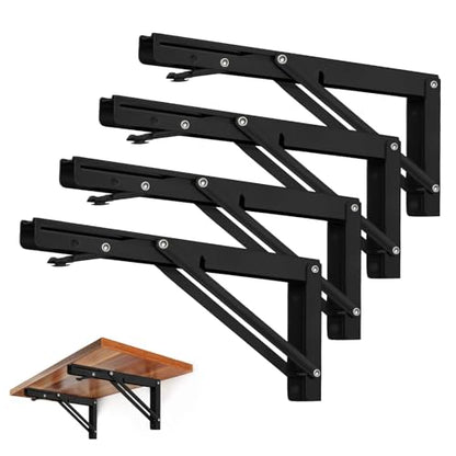 Storystore Folding Shelf Brackets - 10 Inch Heavy Duty Metal Collapsible Shelf Bracket for Bench Table, Shelf Hinge Wall Mounted Space Saving DIY Bracket, Max Load: 150 lb (4 PCS, Black) - size: 10 Inch 4 PCS