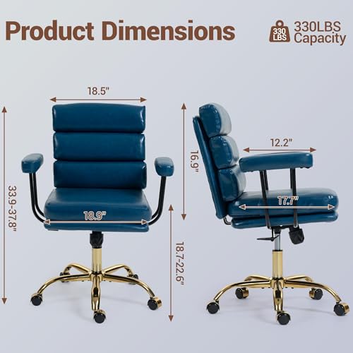 Faux Leather Home Office Desk Chair, Ergonomic Executive Computer Chair with Gold Base, Padded Seat and Armrests, Adjustable Height Swivel Makeup Vanity Chair with Wheels, Blue - color: Blue