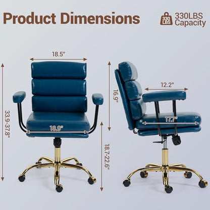 Faux Leather Home Office Desk Chair, Ergonomic Executive Computer Chair with Gold Base, Padded Seat and Armrests, Adjustable Height Swivel Makeup Vanity Chair with Wheels, Blue - color: Blue