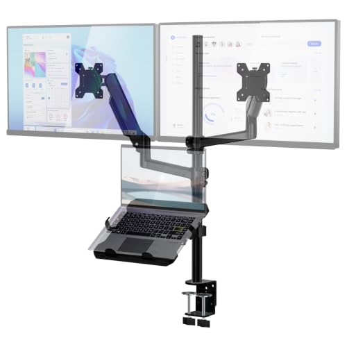 WALI Dual Monitor and Laptop Stand for 17" Notebook and 32" Screens | 3-in-1 Adjustable Monitor Mount with Laptop Tray, Laptop Arm Mount for Desk, VESA 75x75 100x100, Black (GSDM003LP) - color: Black (Full-adjustable), size: Triple