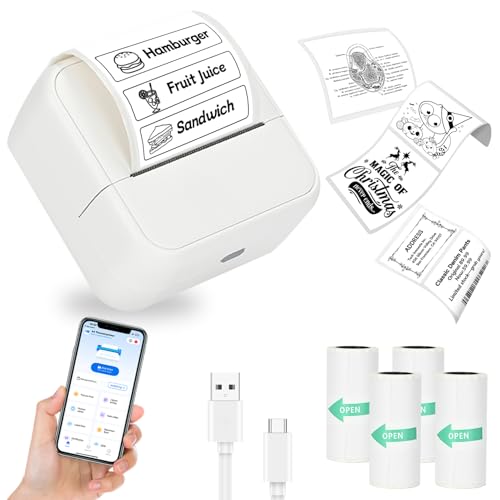 Sticker Printer with 4 Roll Paper Portable Inkless Printer - White - color: White