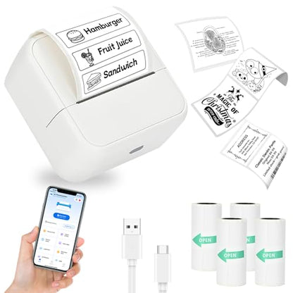 Sticker Printer with 4 Roll Paper Portable Inkless Printer - White - color: White