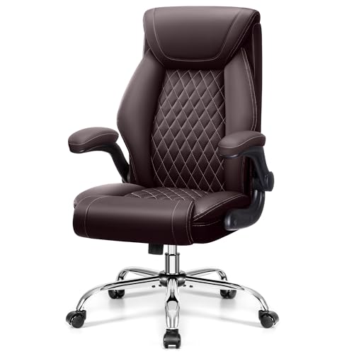 Office Chair, Executive Leather Office Chairs with Rocking Function, Big and Tall Ergonomic Computer Chair with Lumbar Support Flip-Up Armrests, Comfortable Gaming Chairs for Home Ofiice - color: Coffee Brown, style: Without Footrest