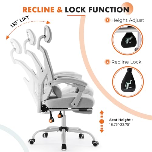 Sweetcrispy Ergonomic Office Chair, Computer Desk Chair with Lumbar Support | Adjustable Footrest, High-Back Mesh, 360° Rolling Swivel Work, Comfy Arms for Home Bedroom, Light Grey - color: Light Grey