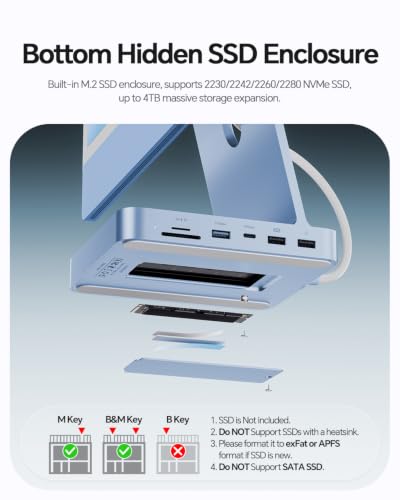 11-in-1 USB C Hub for iMac 24" 2021-2024 with M.2 NVMe 4TB SSD Enclosure | PULWTOP Aluminum iMac Hub with HDMI 4K@60Hz, 2.5G Ethernet, 5 USB A/C 10Gbps, SD/TF, Audio, iMac M4 Dock for M1/M3/M4, Blue - color: Blue