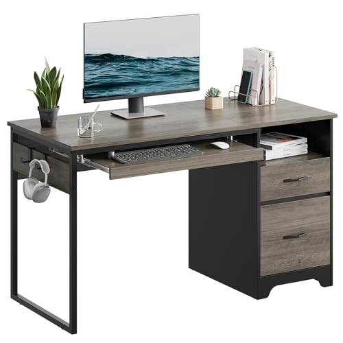 Bestier 48” Computer Desk with Drawers, Office Desk with Storage, Industrial Wood Writing Desk with File Drawer, Keyboard Tray & 2 Hooks for Home Office & Studio, Gray - color: Grey, size: 48 Inch