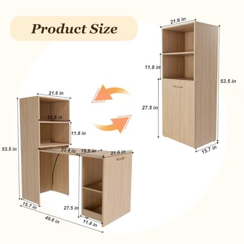 Light Wood Small Folding Desk with Storage Shelves & Bookcase(Natural.) | Expandable Hidden Computer Desk, Space-Saving Pull Out Murphy Table, Writing Table with Wheels for Home Office Bedroom - color: Natural Wood.