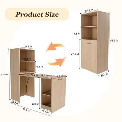 Light Wood Small Folding Desk with Storage Shelves & Bookcase(Natural.) | Expandable Hidden Computer Desk, Space-Saving Pull Out Murphy Table, Writing Table with Wheels for Home Office Bedroom - color: Natural Wood.