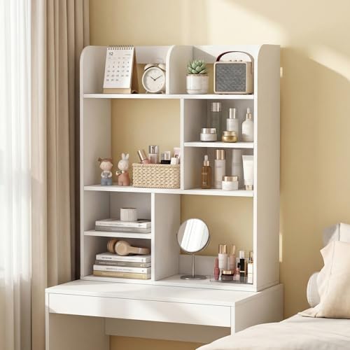 Tangkula Desktop Bookshelf, 5-Tier Desktop Display Rack with 4 Open Shelves & 4 Cubes, Modern Tabletop Bookcase Organizer for Computer Desk, Countertop Storage Hutch for Home Office Dorm (White) - size: 23.5" x 9" x 31.5"