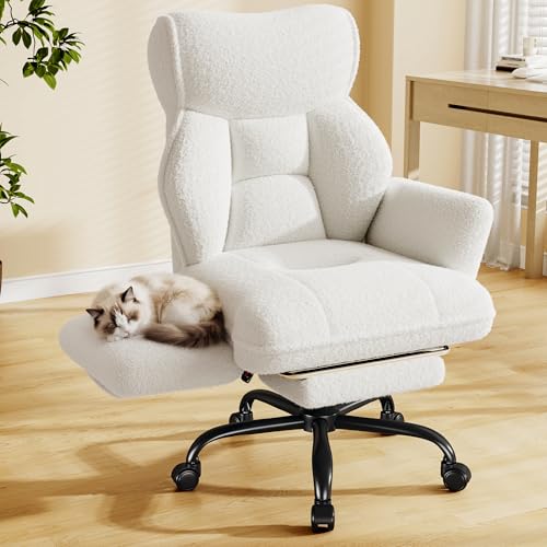 DurayLoly Big and Tall Office Chair with Footrest & Adjustable Armrests | 145° Reclining Backrest, Soft Teddy Fleece, Height Adjustable & 360° Swivel for Home Office, Bedroom, White - color: White