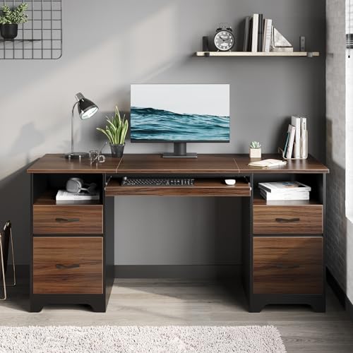 Bestier 59” Computer Desk with 4 Drawers, Office Desk with Storage, Industrial Executive Desk with File Drawer, Keyboard Tray & 2 Pedestals for Home Office & Studio, Cherry - color: Cherry
