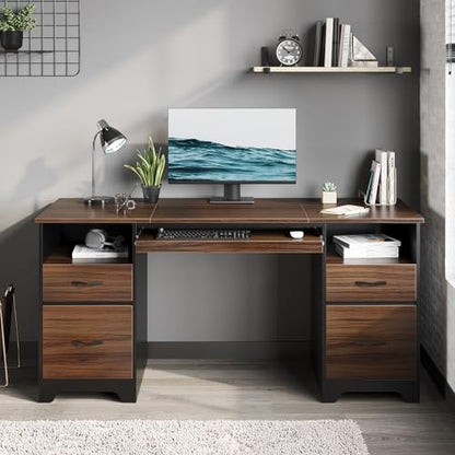 Bestier 59” Computer Desk with 4 Drawers, Office Desk with Storage, Industrial Executive Desk with File Drawer, Keyboard Tray & 2 Pedestals for Home Office & Studio, Cherry - color: Cherry