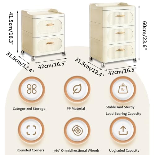 Rolling Nightstand with 3 Drawers, Slim Bedside Table - size: 42x31.5x60cm