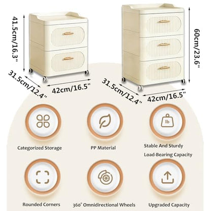 Rolling Nightstand with 3 Drawers, Slim Bedside Table - size: 42x31.5x60cm