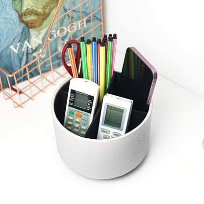 Round Leather Art Supply Organizer,Remote Control Holder,360 Degree Spinning,Multi-Functional Pencil Holder,4 Compartments Desktop Stationary Organizer(1-Lichee Silver) - color: 1-Lichee Silver