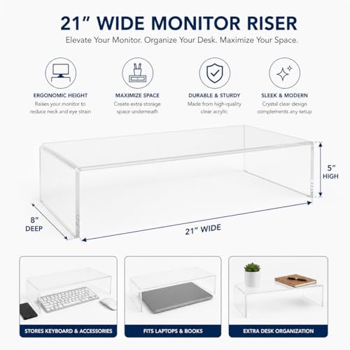 Azar 515360 Acrylic Monitor Stand Riser – Made in USA Laptop stand and Monitor Riser Acrylic Monitor Stand Riser Clear Laptop Stand for Desk Ergonomic Display Riser, Clear (21-Inch-Luxury Handcrafted) - size: 21-Inch