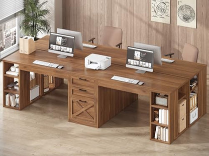SEDETA Farmhouse 96.5" 2 Person Computer Desk with Drawers for Home Office | Gaming Double Desk with Storage Shelves, Long Two Person Writing Desk, Brown - color: Brown