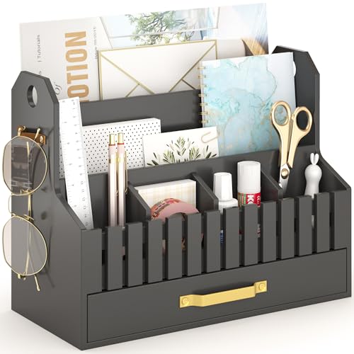 Bamboo Mail Organizer Countertop with Drawers, Wood Desk File Organizer Desktop Paper Organization Storage Bill & Letter Sorter Holder for School Home Office Supplies, No Assembly Required (Black) - color: Black