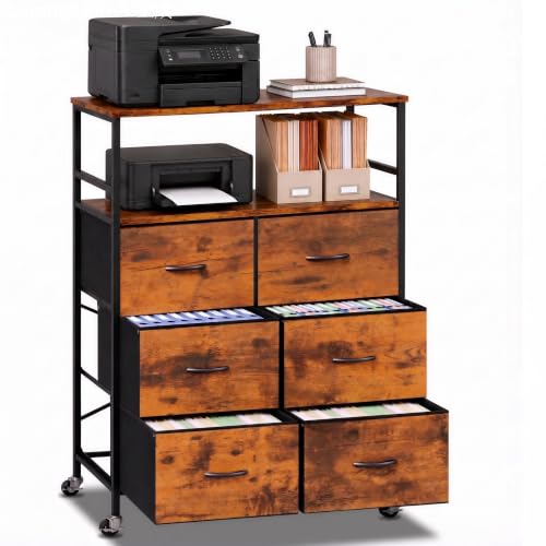 DreamDashio 6-Drawer Rolling File Cabinet for Home Office, Rustic Brown