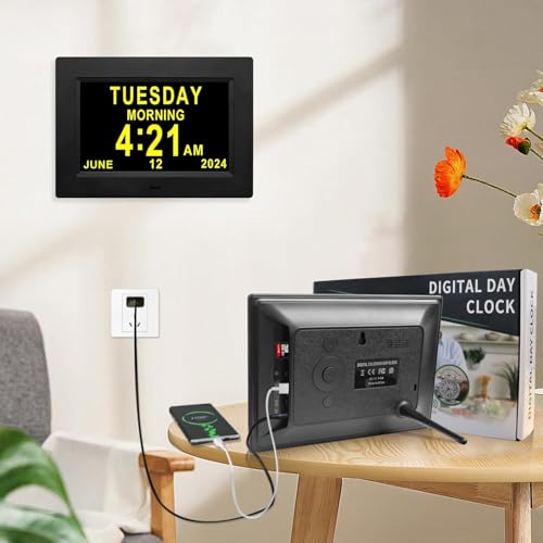 TMC 7 Inch Digital Clock with Day and Date for Elderly - 12 Alarm Options, Auto-Dim, Age Seniors,Elderly, Alzheimer - color: 7"-12 Alarm-black