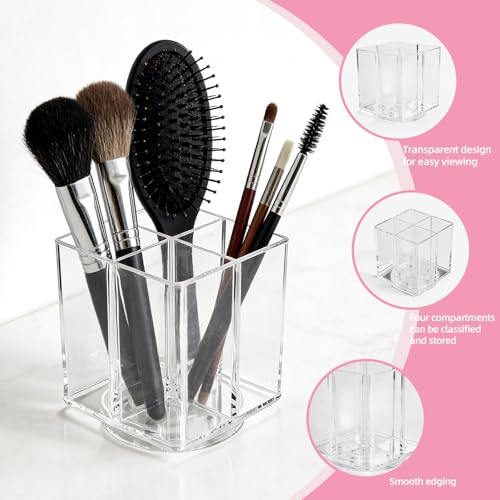 Acrylic Makeup Brush Holder, Clear Rotating Makeup Brush Holder Organizer with 4 Slots, Square Makeup Brush Cup for Vanity Desk Countertop Bathroom - size: Square-4.5in