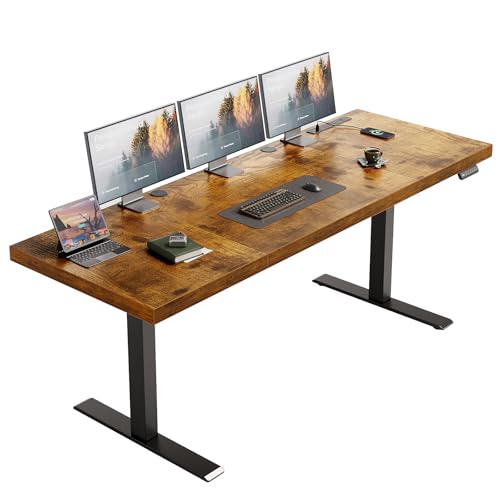 OffiGo 71" Executive Electric Standing Desk Height Adjustable, Rustic Brown | 1.38" Thick 3-Panel Desktop, Power Outlets, 3 Memory Presets, Dual-Beam Frame for Home Office, Workstation, Conference Room - color: Rustic Brown, size: 71 Inch
