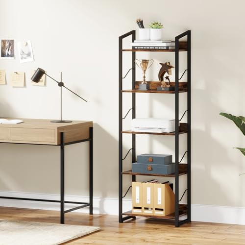 Hosfais 5 Tier Tall Bookshelf: Industrial Wood Book Shelf with Edge Protection Metal Narrow Bookshelf Bookcase Storage Organizer Display Rack for Living Room Home Office (Rustic Brown) - color: Rustic Brown
