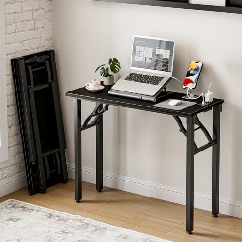 Small Folding Computer Desk – 35.8 Inch Portable Table for Craft and Study, Lightweight Desk for Small Spaces, Foldable Laptop Table Built-in AC/USB Outlets for Convenience, Dark Oak - color: Dark Oak, size: 35.8 X 15.7 Inch, style: With Power Outlets