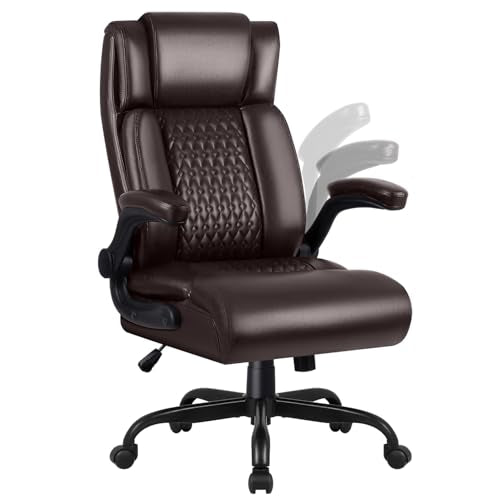 OFIKA Executive Office Chair Heavy Duty Office Chair Padded Flip Up Armrest, Computer Gaming Chair PU Leather Desk Chair, High Back Big and Tall Office Chair with Lumbar Support (Brown) - color: Flip Up Armrest-brown
