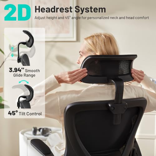 AreShark Office Chair - Ergonomic Desk Chair Breathable Mesh Chair with 2D Headrest & Adjustable Lumbar Support - Executive High Back Rolling Swivel Computer Gaming Chair with Wheels Flip-up Armrests - color: Black/Black
