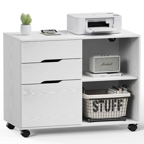 DUMOS File Cabinet with 3 Drawers, Wood Under Desk Storage Printer Stand | Rolling Lateral Filing Cabinet with Adjustable Shelves for Home Office Study Organizatiom, Classic White