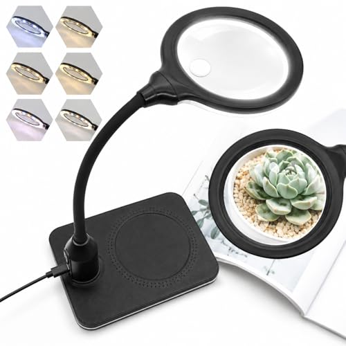 Rechargeable Magnifying Glass with Light and Stand for Reading & Close Work | Dual 15X/30X Lens • 3600mAh Rechargeable • 4.1" Lens • 6 Lighted Modes • Adjustable Brightness • Flexible Gooseneck