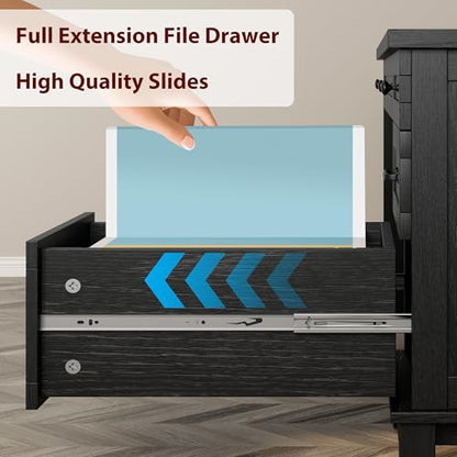 GarveeHome Farmhouse Executive Desk with Drawers, 53.54 in Home Office Desk with Charging Station, Wooden Computer Desk with File Cabinet Storage for Work Study Writing, Rustic Black - color: Rustic Black