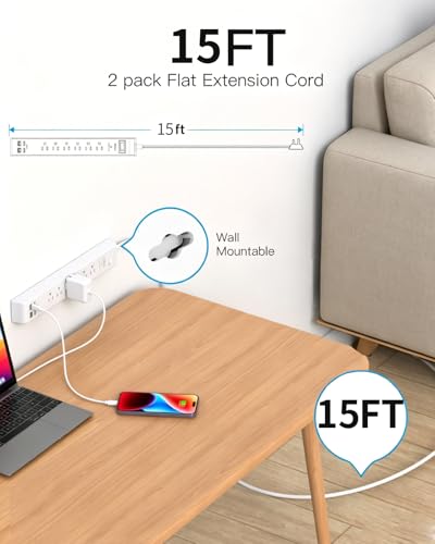 2 Pack Power Strip, Extension Cord 15FT, Surge Protector with 6 Outlets and 4 USB Ports (2 USB C), Flat Plug Overload Protection, Extension Cord with Multiple Outlets, Wall Mount for Home Dorm College - size: 15FT, style: Round Cord & Right Angle Plug
