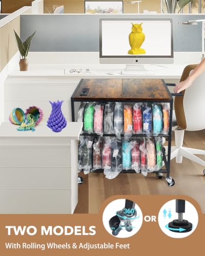 3D Printer Stand with Filament Storage, Heavy Duty Rolling Printer Cart on Wheels with Built-in Power Outlet, Small 3D Printer Table for Organizer Filament Spools, Workshop Office Garage Studios,Brown