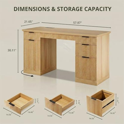 FURSUN 58" Executive Desk with Charging Station & File Drawer, Modern Fluted Home Office Desk with 5 Drawers & Keyboard Tray, Large Computer Writing Desk, Natural Oak - color: Natural Oak, size: Double-Sided Drawers