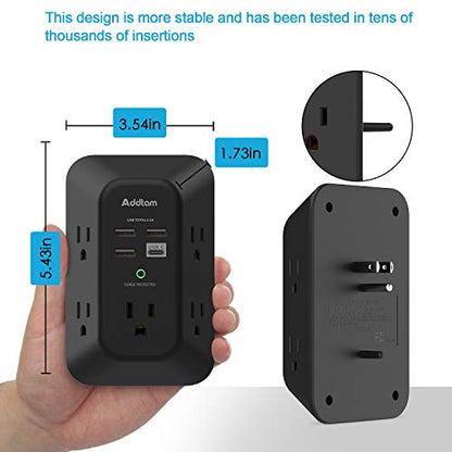 Addtam Surge Protector, Outlet Extender with 5 AC and 4 USB Ports, Black | Multi Plug Wall Outlet, Electric Outlet Splitter, 3-Sided 1800J Power Strip for Home Office Dorm, Easy to Install, Save Space - style: 1C3A No PD